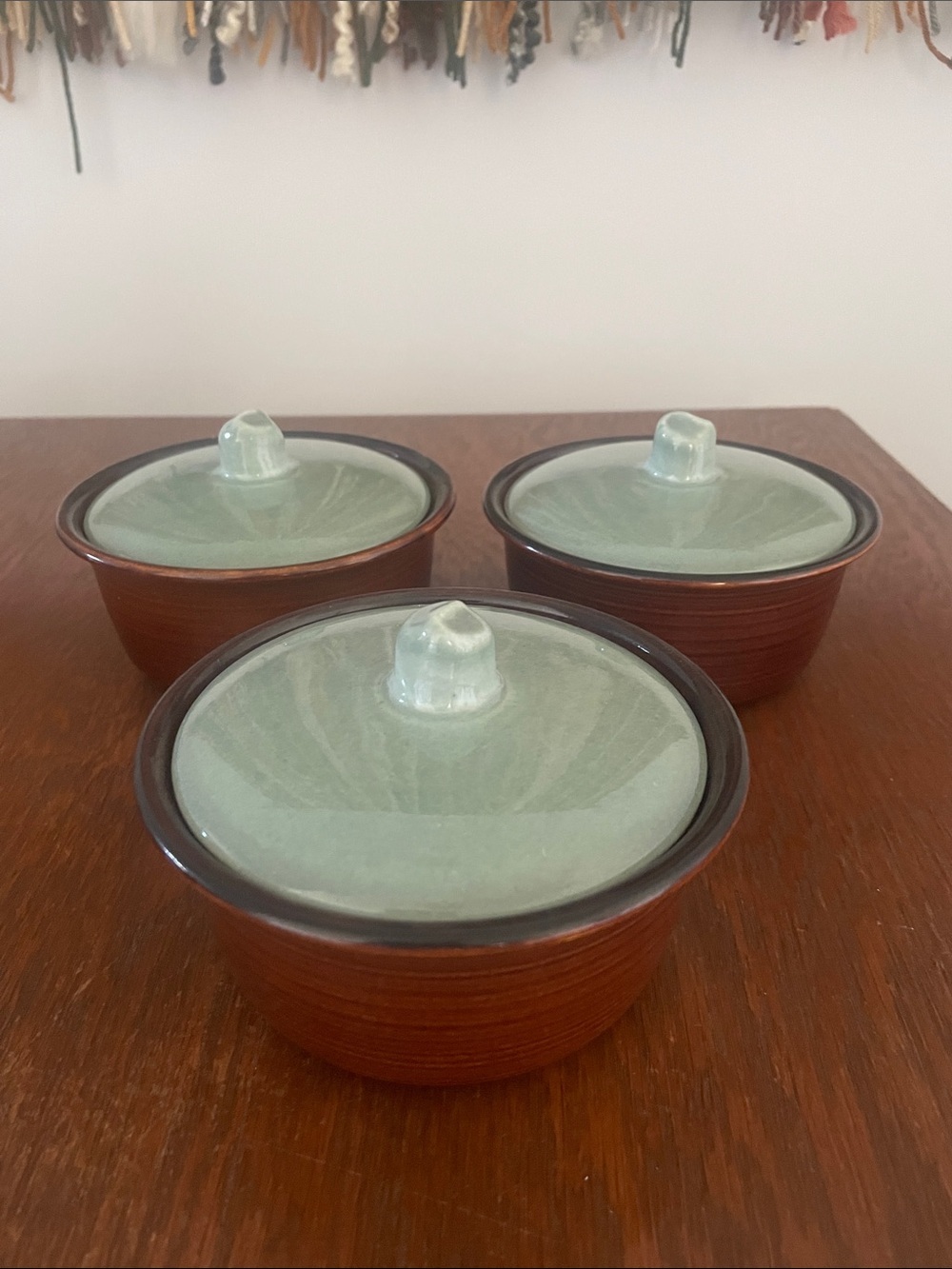 Retro brown & country blue small bowls with lids set of 3